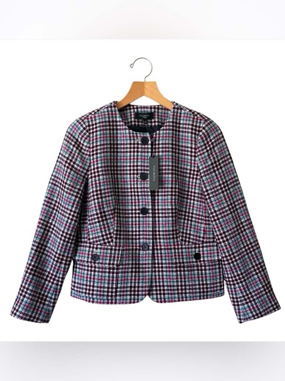 Talbots Plaid Blazer Women's Size 12P Petite Wool Blend Collarless Jacket NWT